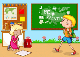 Мультяшная картинка. Школьник возле классной доски, школьница сидит на полу и рисует.