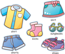 Одежда и обувь: рубашка, шорты, юбка, носки, кросовки