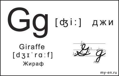 Карточка 14×9 см. Прописная, строчная и письменная буква - Gg
