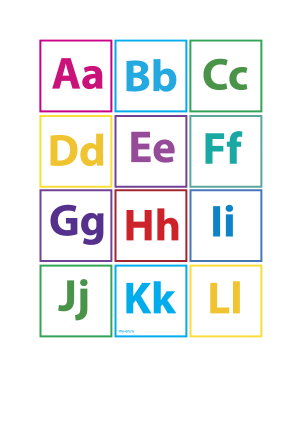Карточки 5×5 на листе A4, буквы: A B C D E F G H I J K L