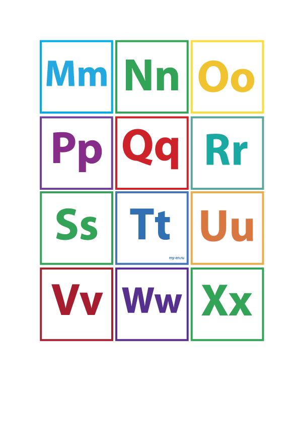 Карточки 5×5 на листе A4, буквы: M N O P Q R S T U V W X