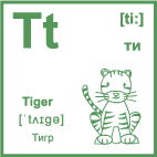 Карточка 5×5 см., с картинкой. Буква - Tt. Тигр.