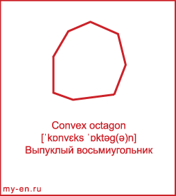 Карточка 9 на 10 см. Фигура «Выпуклый восьмиугольник» с транскрипцией и переводом на русский.