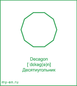 Карточка 9 на 10 см. Фигура «Десятиугольник» с транскрипцией и переводом на русский.