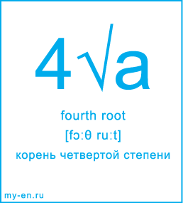 Карточка 9 на 10 см. Символ «fourth root» с транскрипцией и переводом на русский.