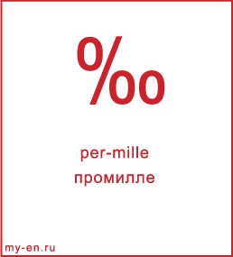 Карточка 9 на 10 см. Символ «per-mille» с транскрипцией и переводом на русский.