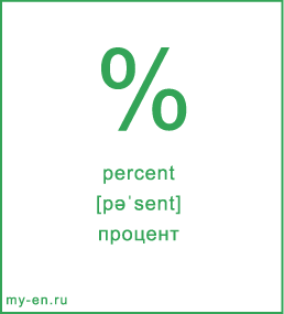 Карточка 9 на 10 см. Символ «percent» с транскрипцией и переводом на русский.