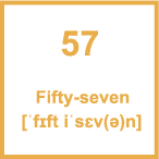 Карточка 5 на 5 см. Число 57 с транскрипцией и произношением.