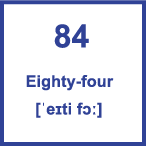Карточка 5 на 5 см. Число 84 с транскрипцией и произношением.