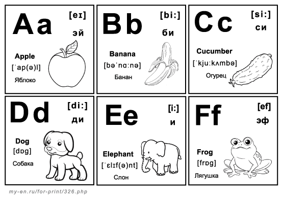 Буквы алфавита: a, b, c, d, e. С черно-белыми картинками