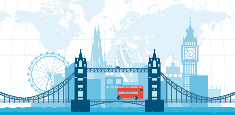 Очертания Лондона на фоне карты, в синих тонах