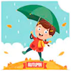 Осень, мальчик с зонтиком, на улице моросит дождь и падают листья.