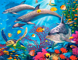 Морское дно, водоросли, плавают дельфины.