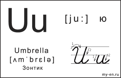 Карточка 14×9 см. Прописная, строчная и письменная буква - Uu