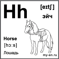 Черно-белая карточка 7×7 см., с картинкой. Буква - Hh. Лошадь.