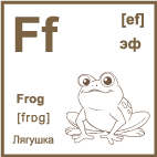 Карточка 5×5 см., с картинкой. Буква - Ff. Лягушка.