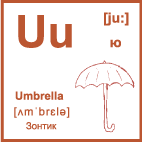 Карточка 5×5 см., с картинкой. Буква - Uu. Зонтик.