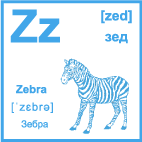 Карточка 5×5 см., с картинкой. Буква - Zz. Зебра.