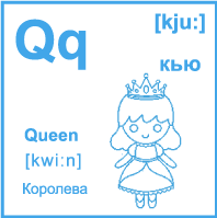 Карточка 7×7 см., с картинкой. Буква - Qq. Королева.
