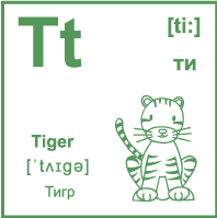 Карточка 7×7 см., с картинкой. Буква - Tt. Тигр.