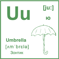 Карточка 7×7 см., с картинкой. Буква - Uu. Зонтик.