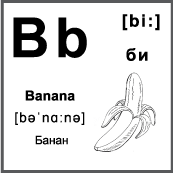 Черно белая карточка 6×6 см., с картинкой. Буква - Bb. Банан.