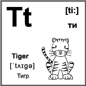 Черно белая карточка 6×6 см., с картинкой. Буква - Tt. Тигр.