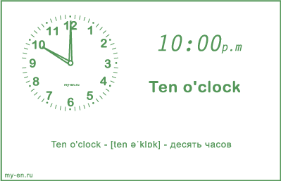 Часы на карточке. Время - десять часов. 