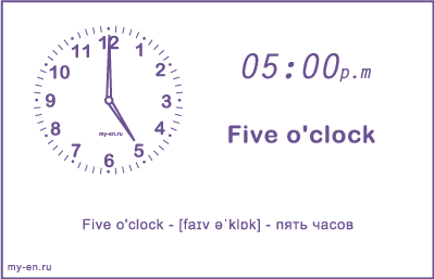 Часы на карточке. Время - пять часов. 