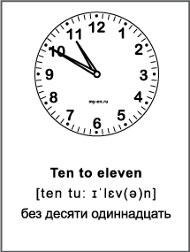 Черно-белая карточка «Время на английском» Ten to eleven - без десяти одиннадцать. 