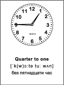Черно-белая карточка «Время на английском» Quarter to one - без пятнадцати час. 