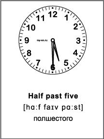 Черно-белая карточка «Время на английском» Half past five - полшестого. 