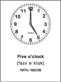 Черно-белая карточка «Время на английском» Five o'clock - пять часов. 