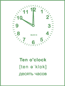 Карточка «Время на английском» Ten o'clock - десять часов. 