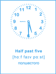 Карточка «Время на английском» Half past five - полшестого. 
