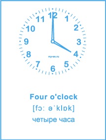 Карточка «Время на английском» Four o'clock - четыре часа. 
