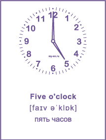 Карточка «Время на английском» Five o'clock - пять часов. 