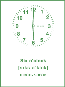Карточка «Время на английском» Six o'clock - шесть часов. 