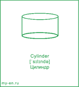 Карточка 9 на 10 см. Фигура «Цилиндр» с транскрипцией и переводом на русский.