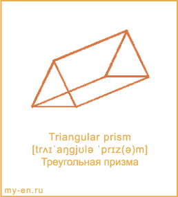Карточка 9 на 10 см. Фигура «Треугольная призма» с транскрипцией и переводом на русский.