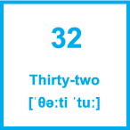 Карточка 5 на 5 см. Число 32 с транскрипцией и произношением.