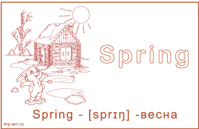 Карточка «Весна». Зайчик радуется началу весны, на фоне домика, деревьев и солнышка.