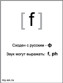 Черно-белый знак транскрипции - f. Звук могут выражать: f, ph