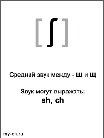Черно-белый знак транскрипции - ʃ. Звук могут выражать: sh, ch