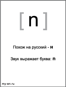 Черно-белый знак транскрипции - n. Звук выражает буква: n