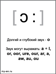 Черно-белый знак транскрипции - ɔ:. Звук могут выражать: a + l, or, oor, ure, our, ar, a, aw, au, ou