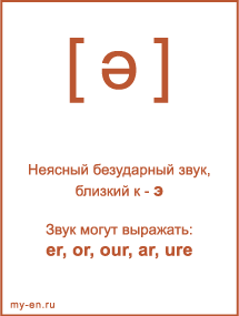 Знак транскрипции - ə. Звук могут выражать: er, or, our, ar, ure 