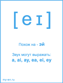 Знак транскрипции - eɪ. Звук могут выражать: a, ai, ay, ea, ei, ey