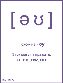 Знак транскрипции - əʊ. Звук могут выражать: o, oa, ow, ou