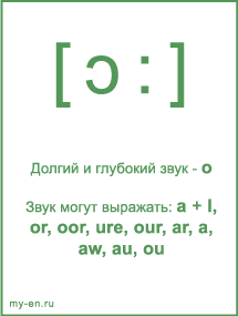 Знак транскрипции - ɔ:. Звук могут выражать: a + l, or, oor, ure, our, ar, a, aw, au, ou